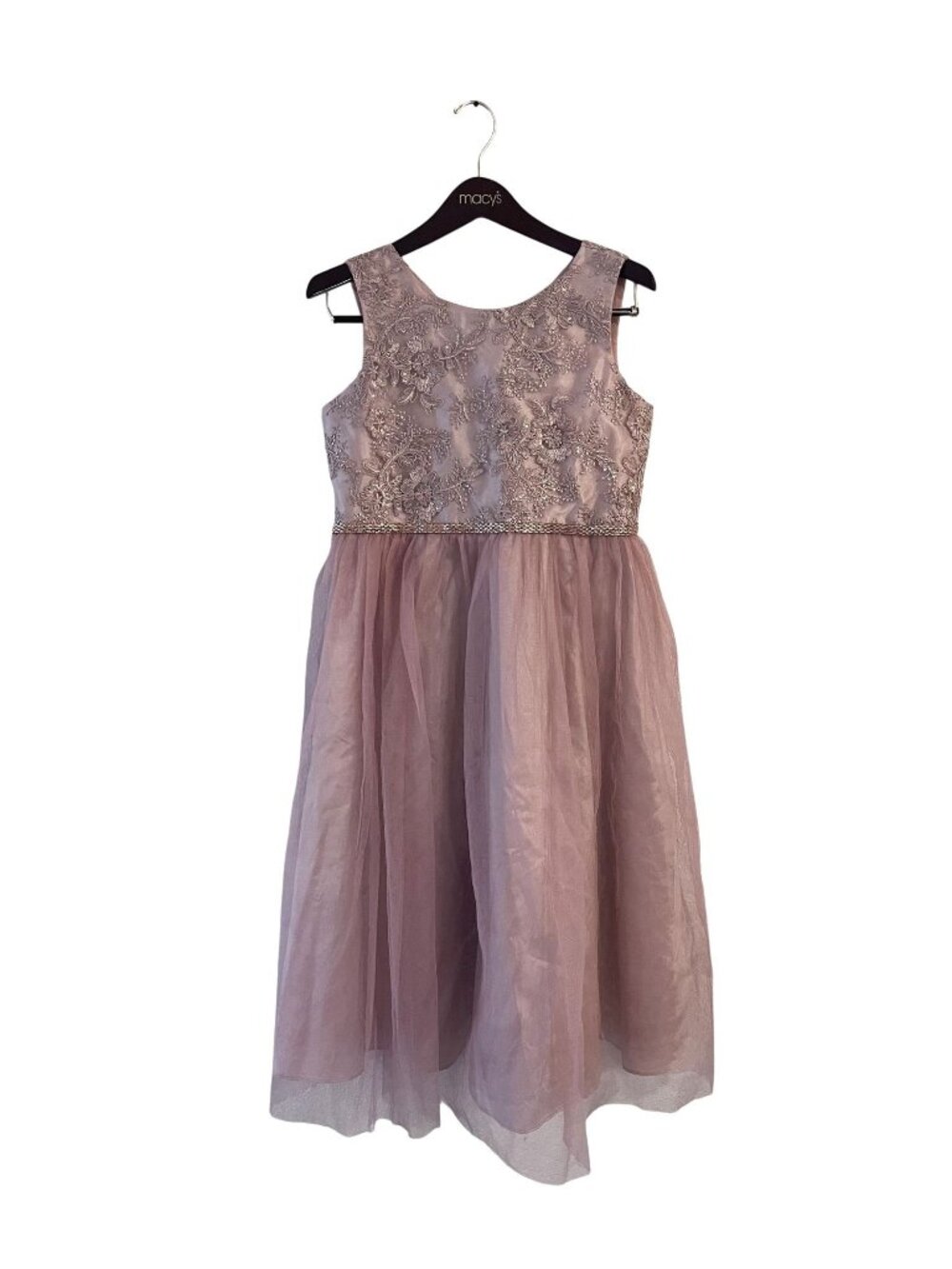 Girls Mauve Tulle Dress With Lace Bodice & Beaded Waist Size 8